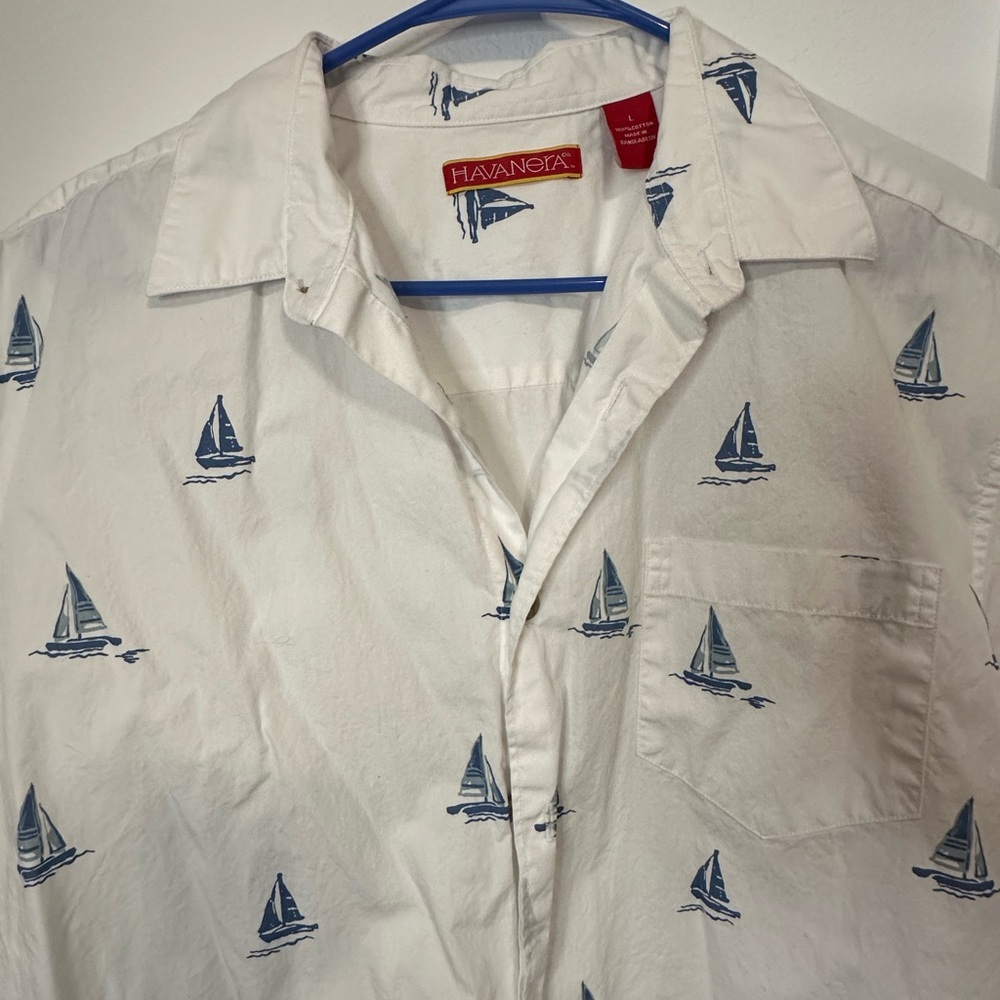 Havanota White and Blue Sailboat Men's Casual Shirt